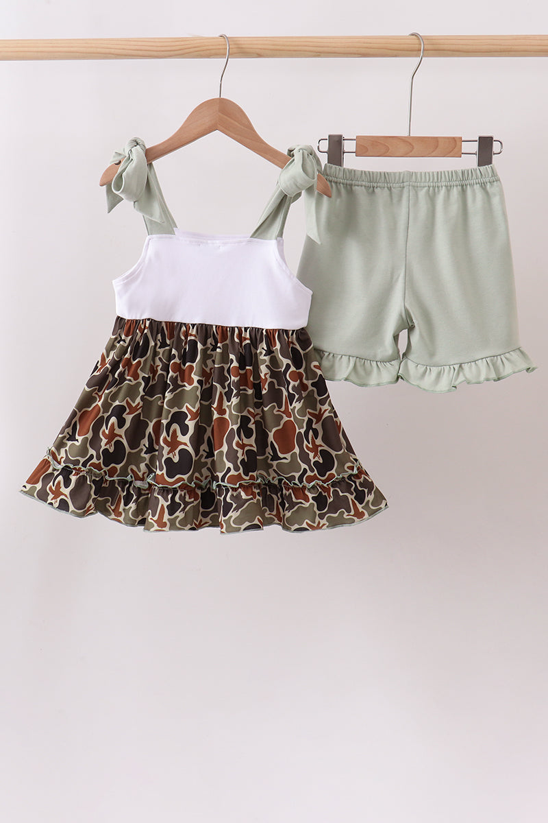 Camo Hunting Embroidered Ruffle Shorts Set