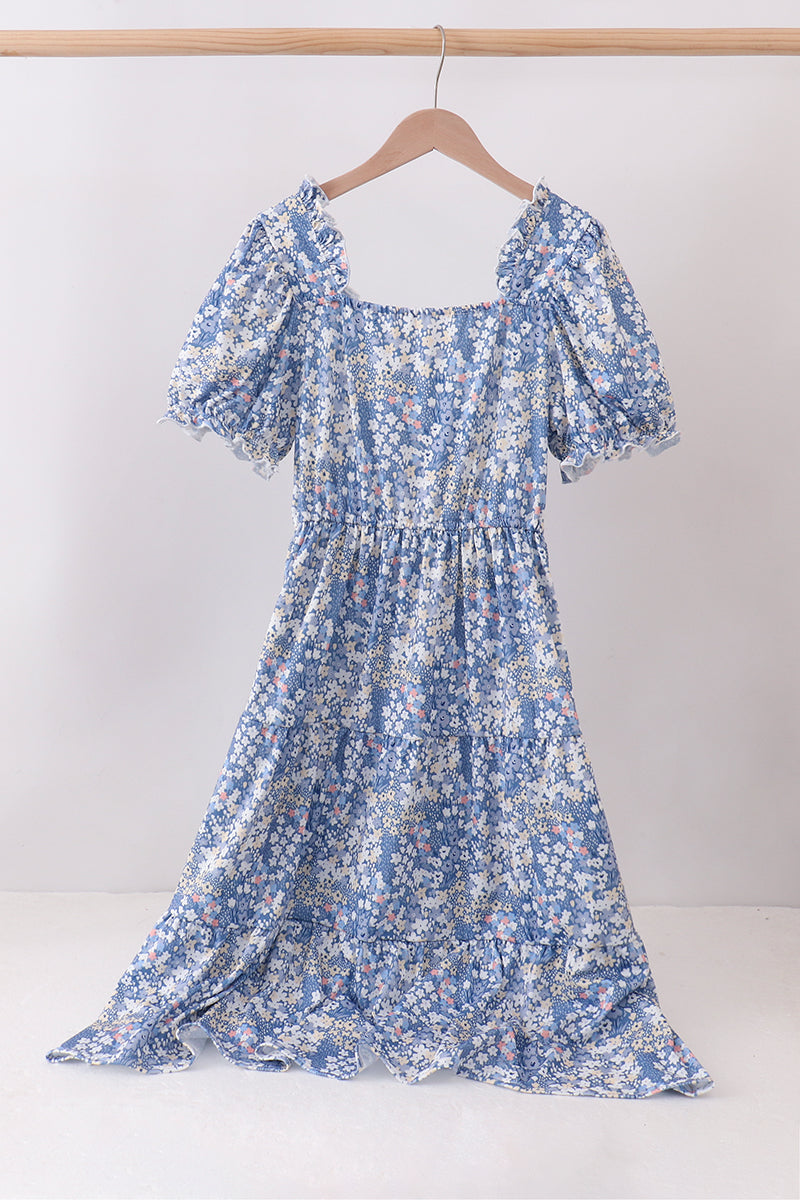 Blue Floral Print Mom Dress