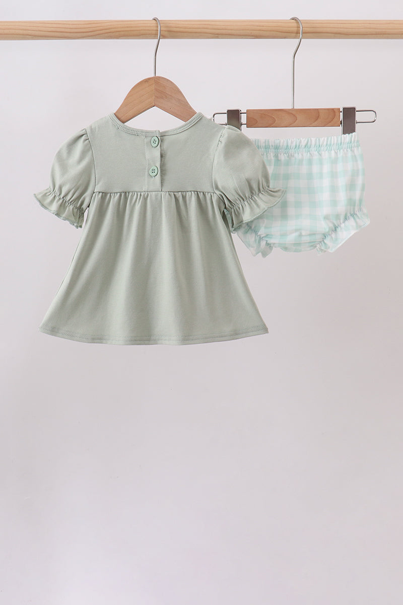 Green football french knot gingham bloomer set