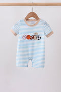 Blue Puppy Ball Embroidered Stripe Romper