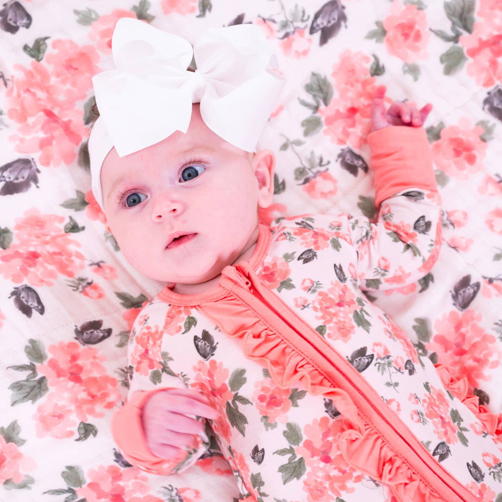 Bamboo Baby Convertible Ruffle Zipper Pajama Peony Floral: 0-3 Months