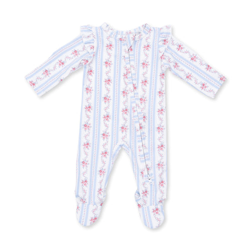 Anna Floral Stripe - 2 Way Ruffle Sleeve Zipper Footie