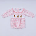 Pink gingerbread hand smocked gingham ruffle bubble