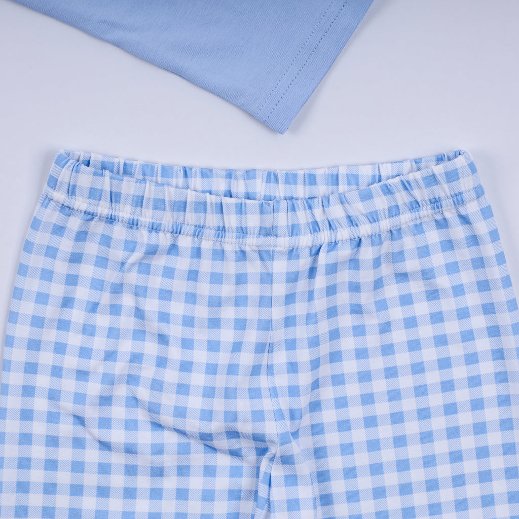 Blue gingerbread hand smocked gingham pants set