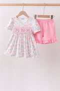 Pink floral bow smocked ruffle shorts set