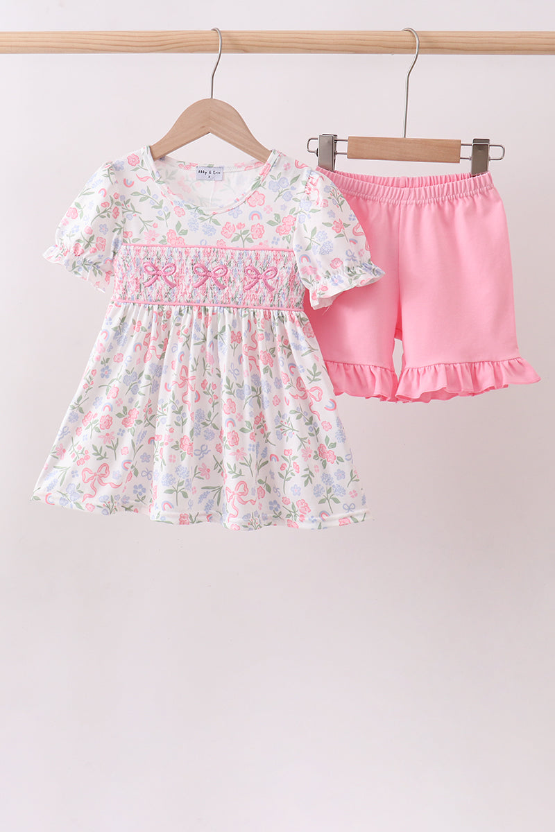 Pink floral bow smocked ruffle shorts set