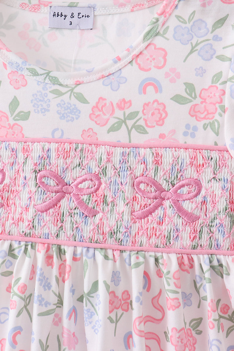 Pink floral bow smocked ruffle shorts set