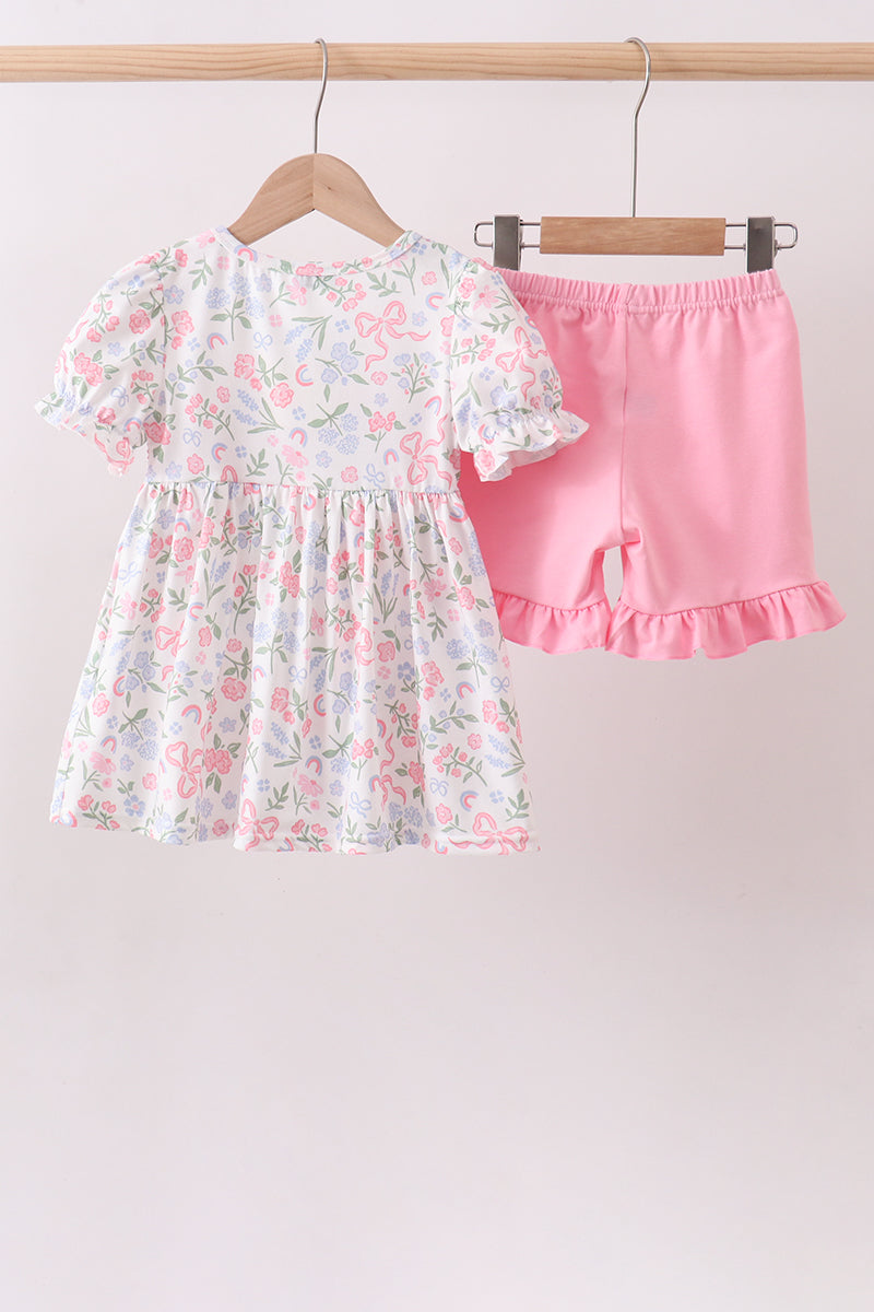Pink floral bow smocked ruffle shorts set