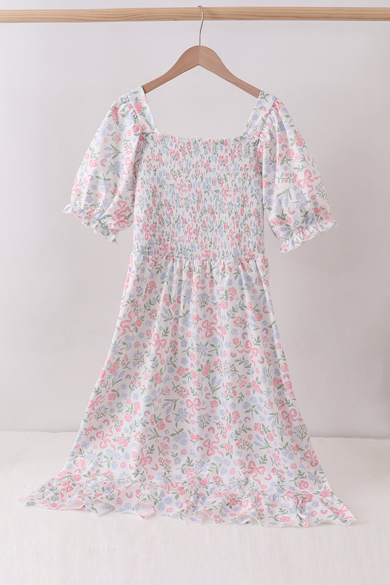 Pink floral smocked mom dress