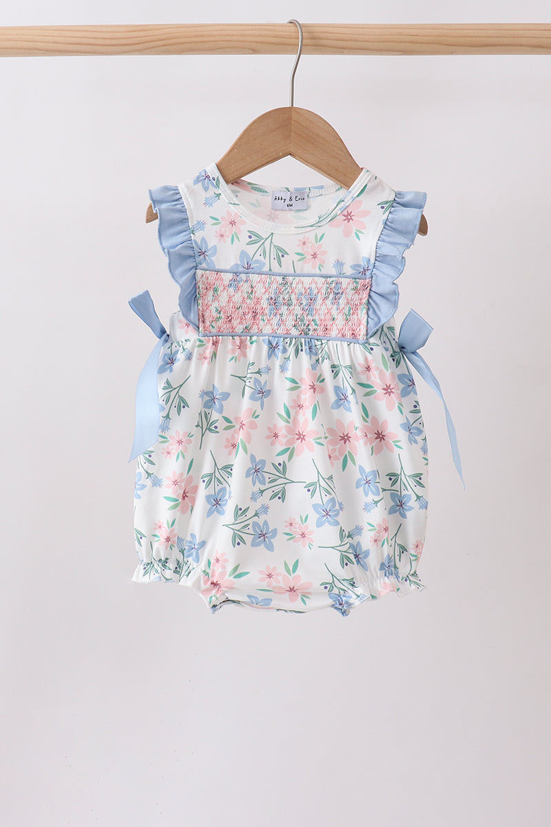 Blue Floral Smocked Ruffle Bubble