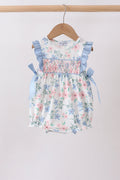 Blue Floral Smocked Ruffle Bubble