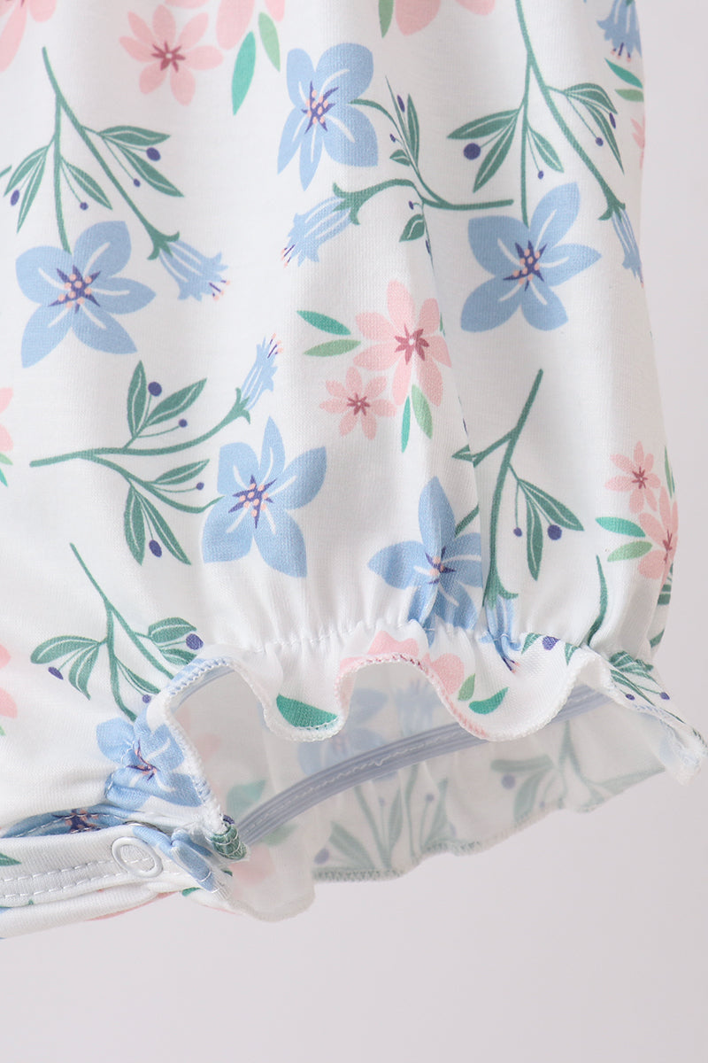 Blue Floral Smocked Ruffle Bubble