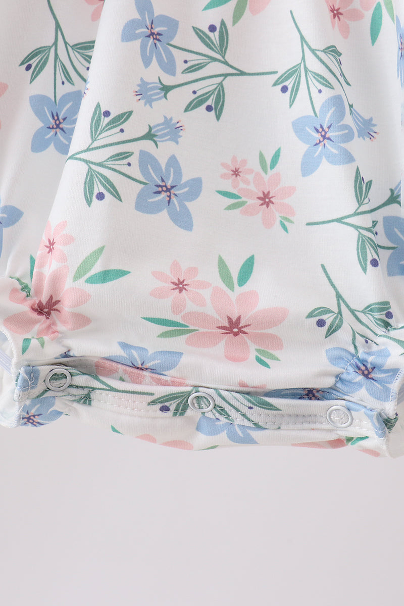 Blue Floral Smocked Ruffle Bubble
