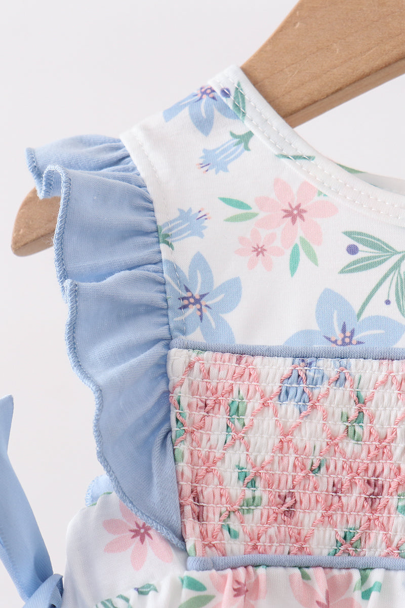 Blue Floral Smocked Ruffle Bubble