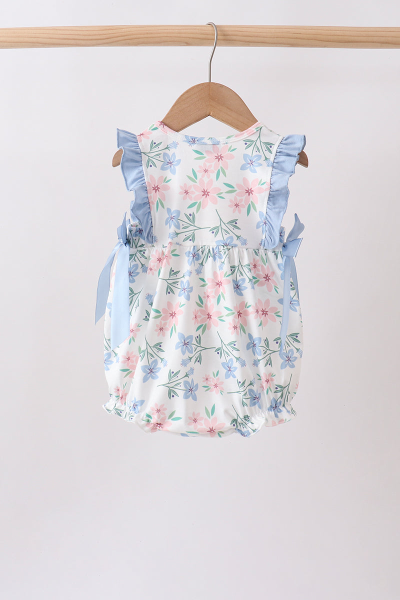 Blue Floral Smocked Ruffle Bubble
