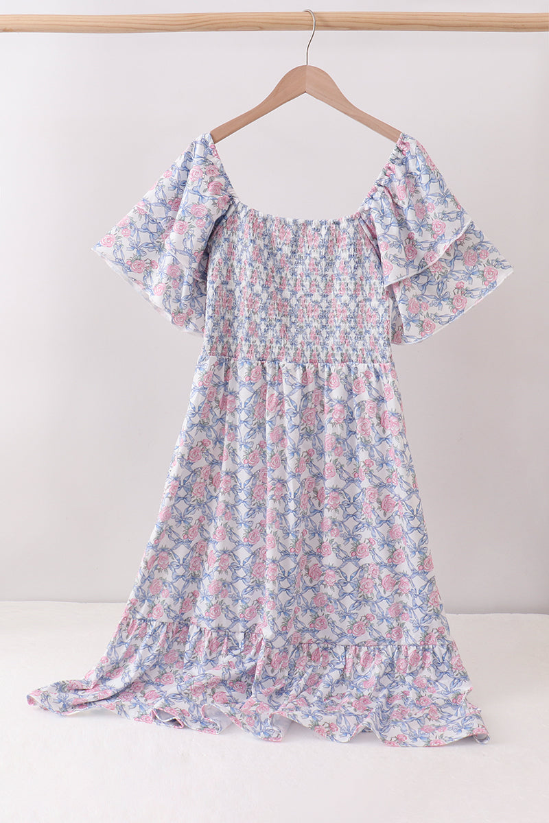 Blue Floral Smocked Women Dress