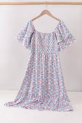 Blue Floral Smocked Women Dress