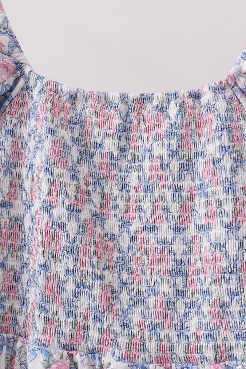 Blue Floral Smocked Women Dress