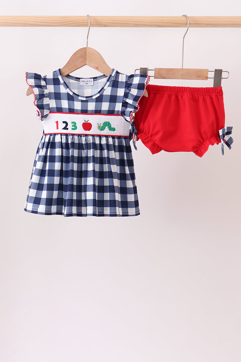 Navy Apple Smocked Gingham Bloomer Set