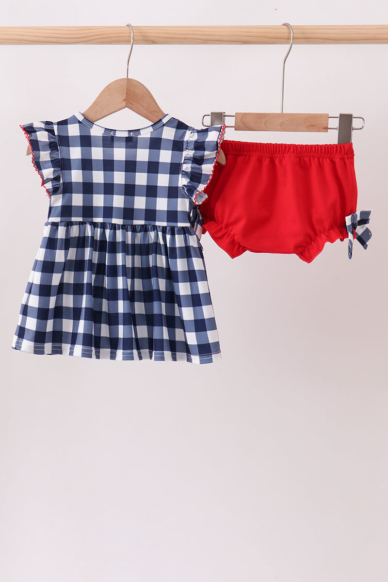 Navy Apple Smocked Gingham Bloomer Set