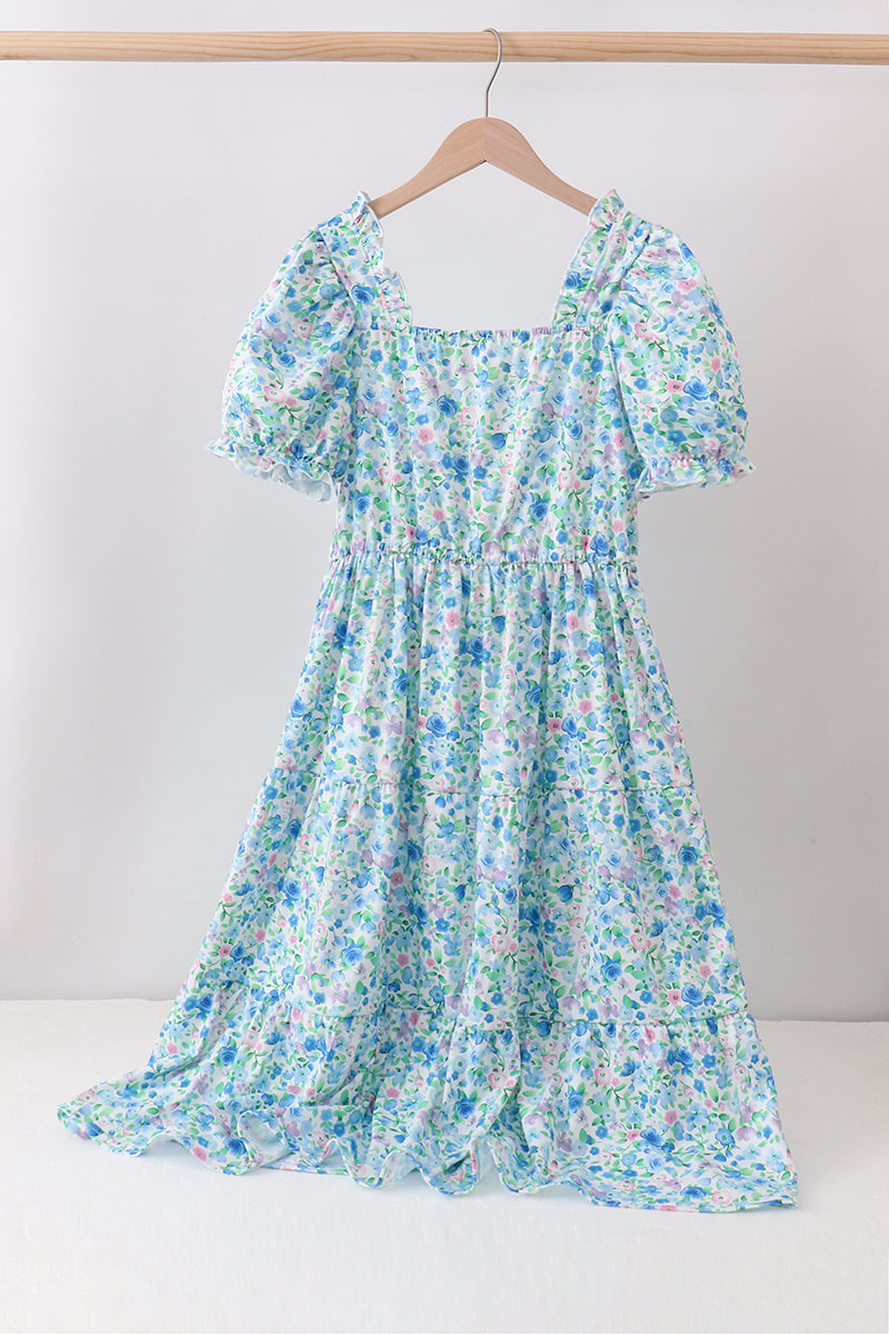 Blue Floral Tiered Women Dress