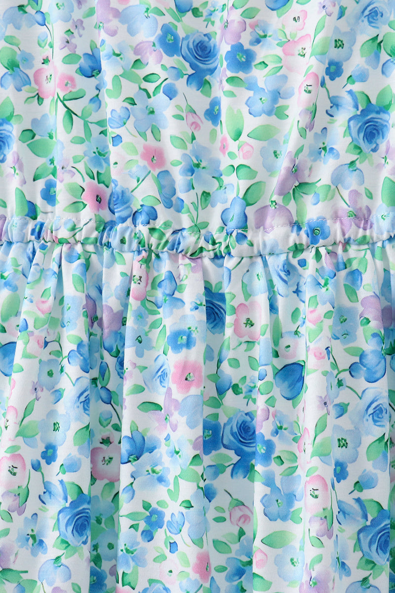 Blue Floral Tiered Women Dress