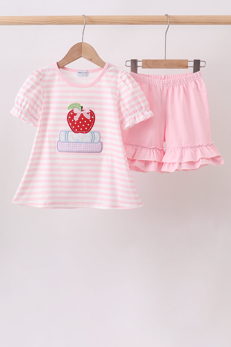Pink Stripe Apple Book Appliqué Ruffle Set