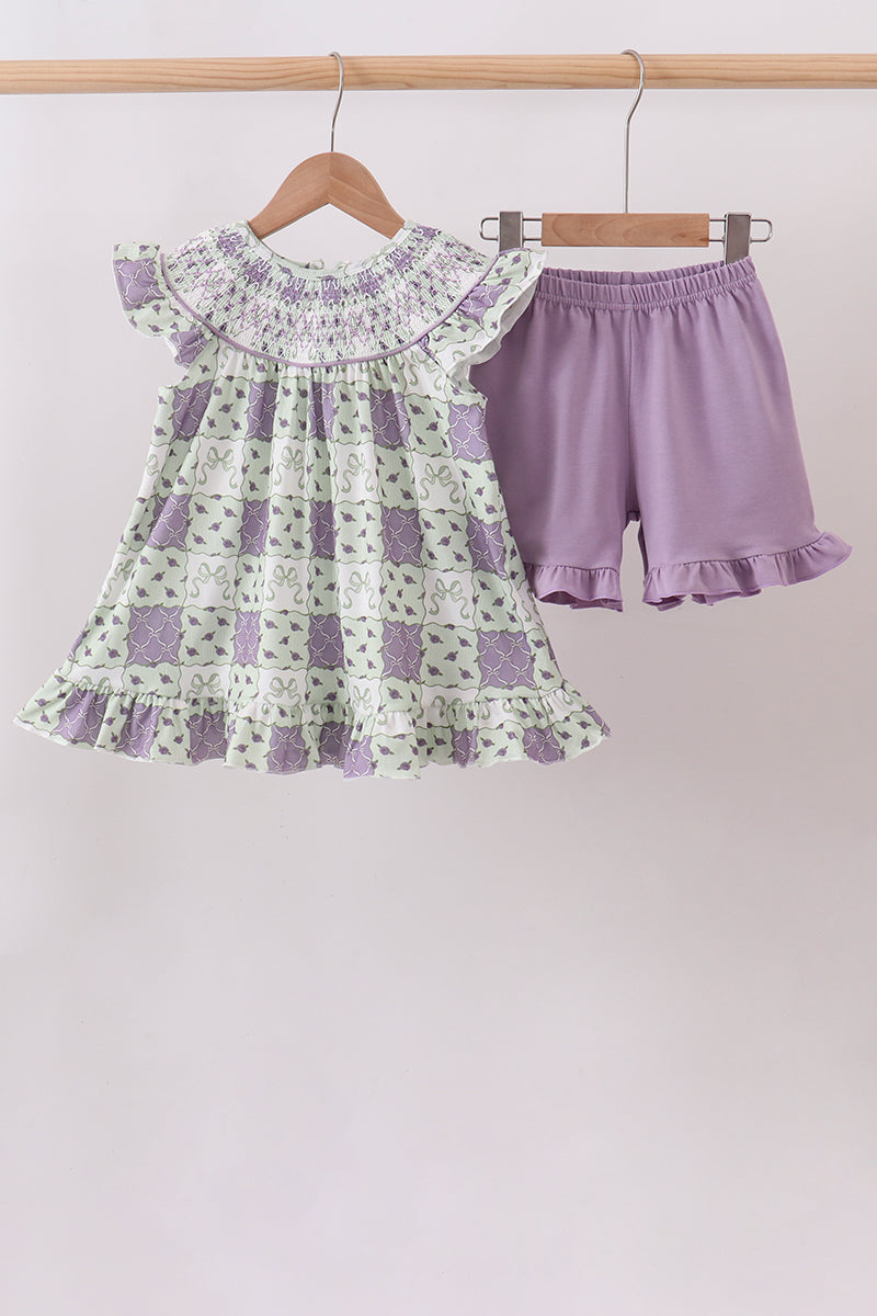 Purple Floral Smocked Bloomer Set