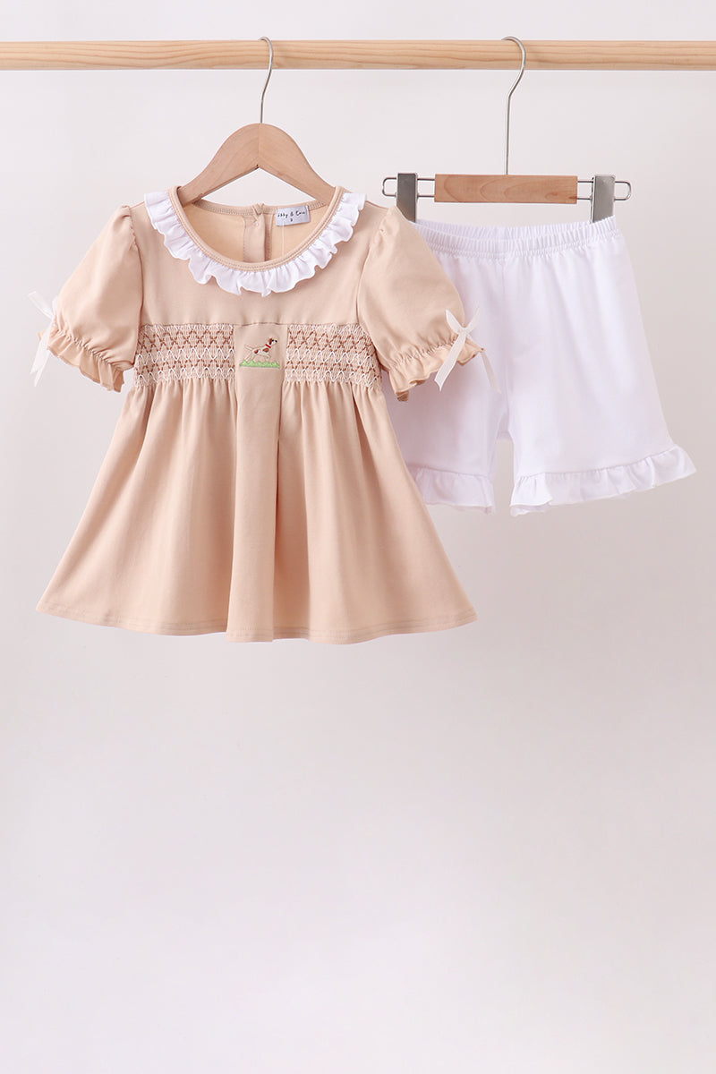 Khaki Puppy Smocked Ruffle Shorts Set