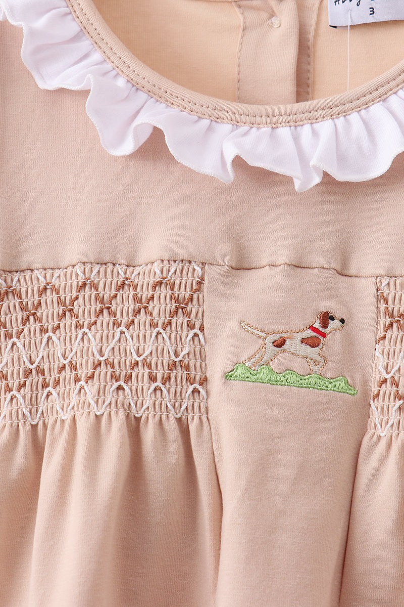 Khaki Puppy Smocked Ruffle Shorts Set