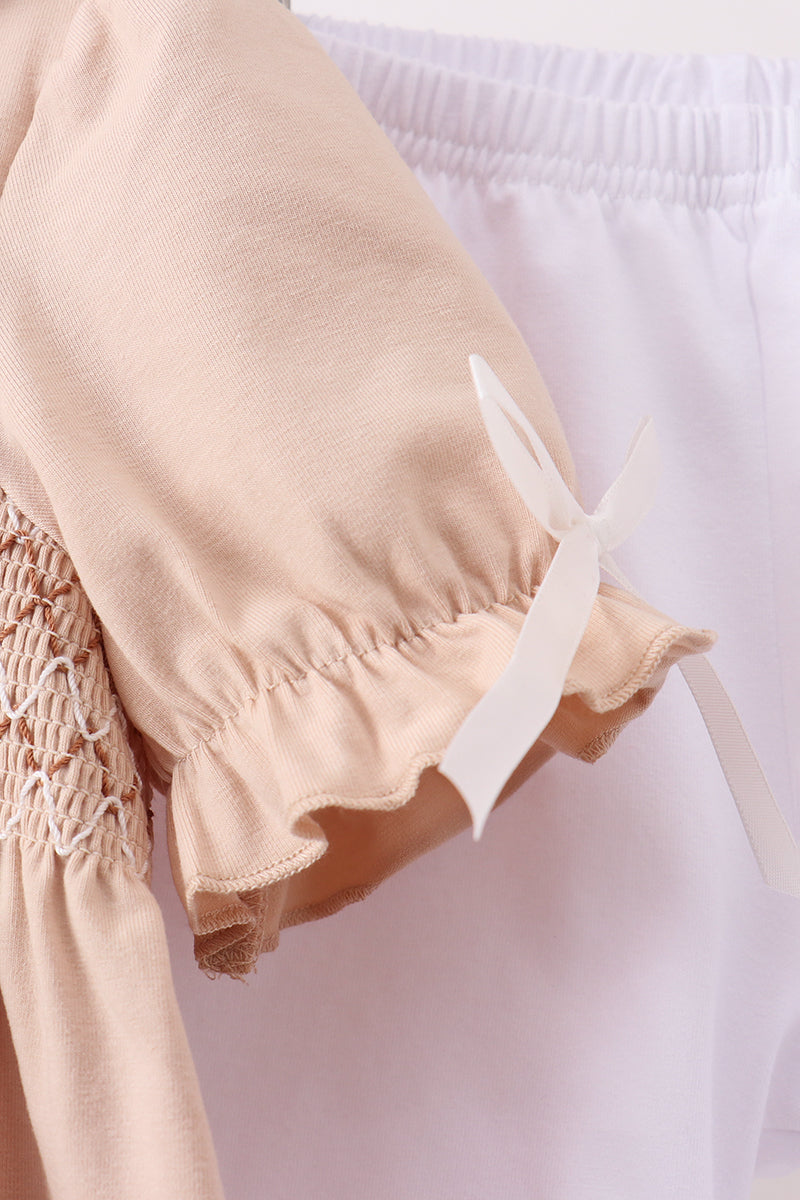 Khaki Puppy Smocked Ruffle Shorts Set