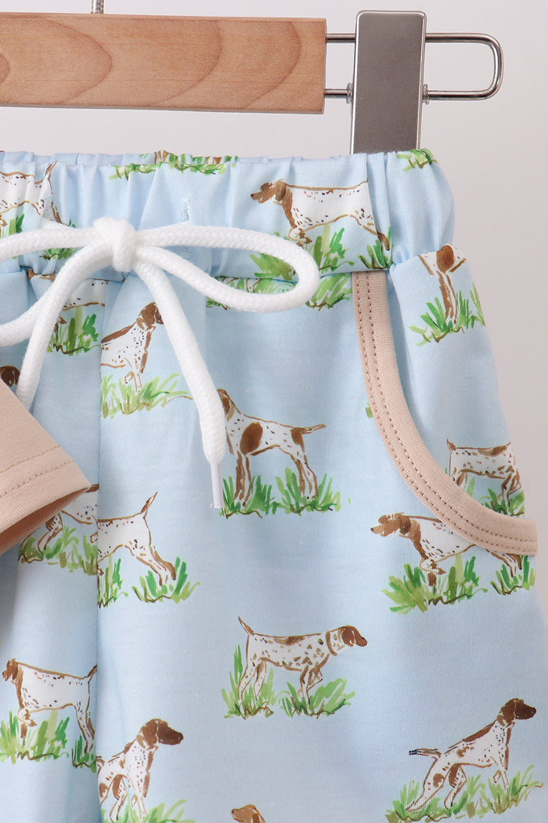 Khaki Puppy Embroidered Shorts Set