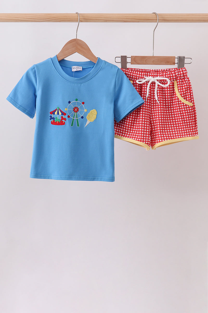 Blue Carousel Embroidered Shorts Set