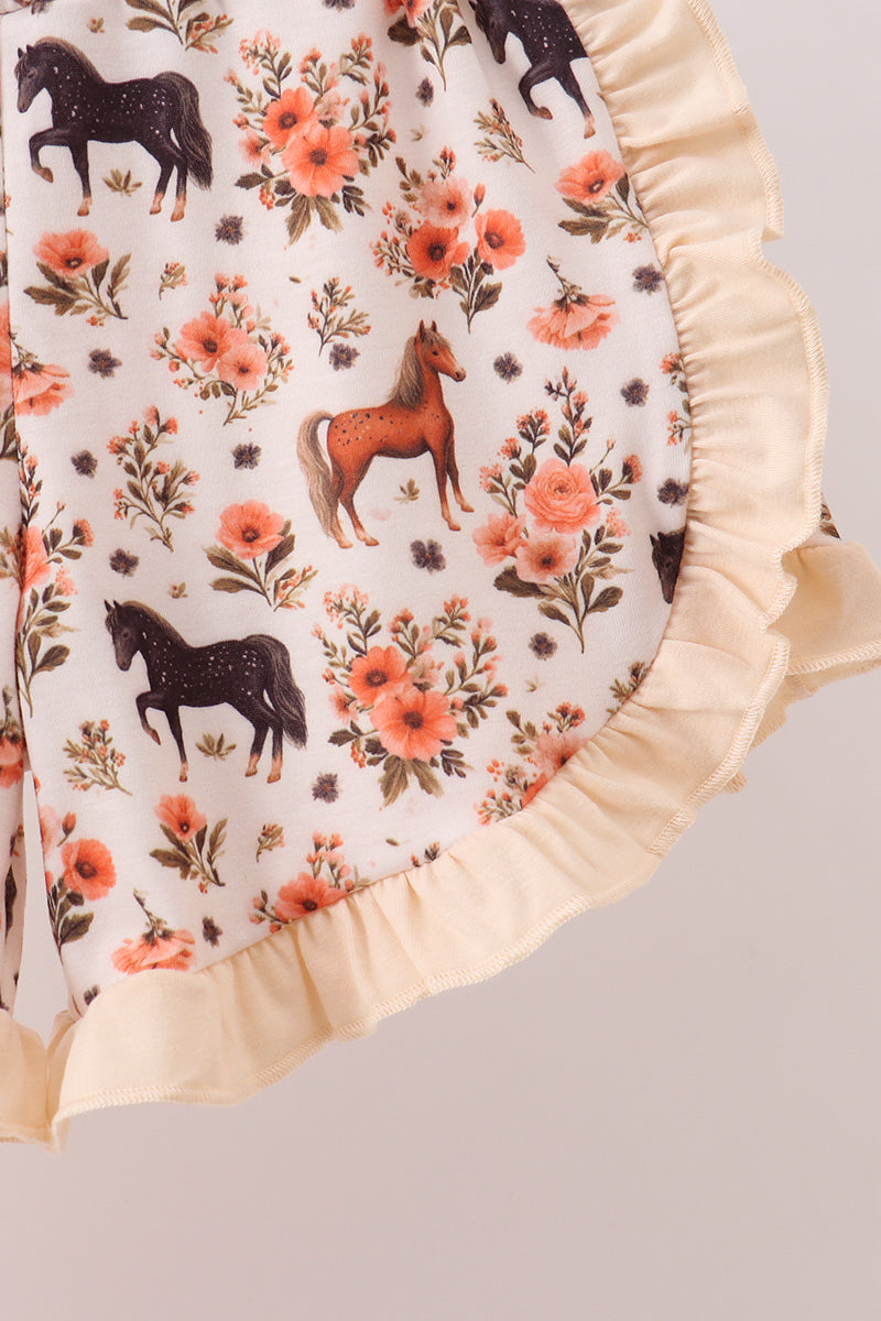 Khaki horse embroidery ruffle shorts set