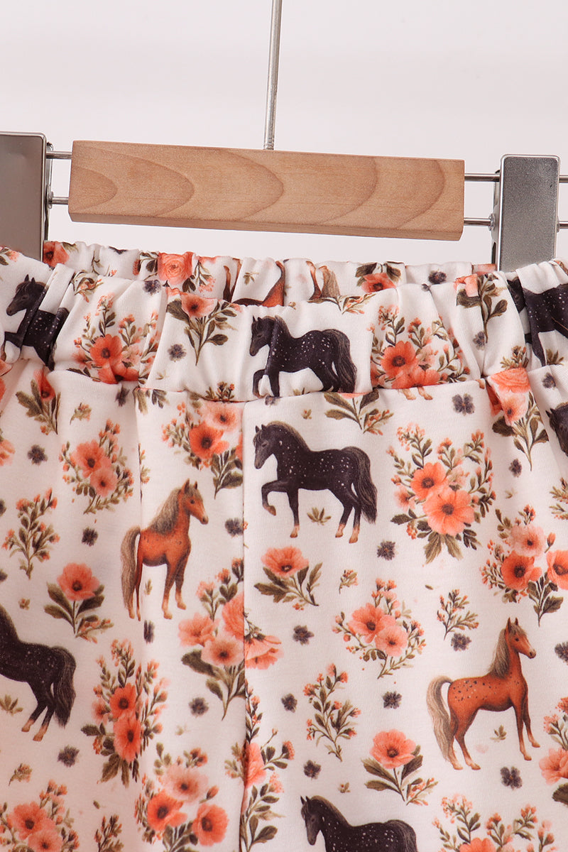 Khaki horse embroidery ruffle shorts set