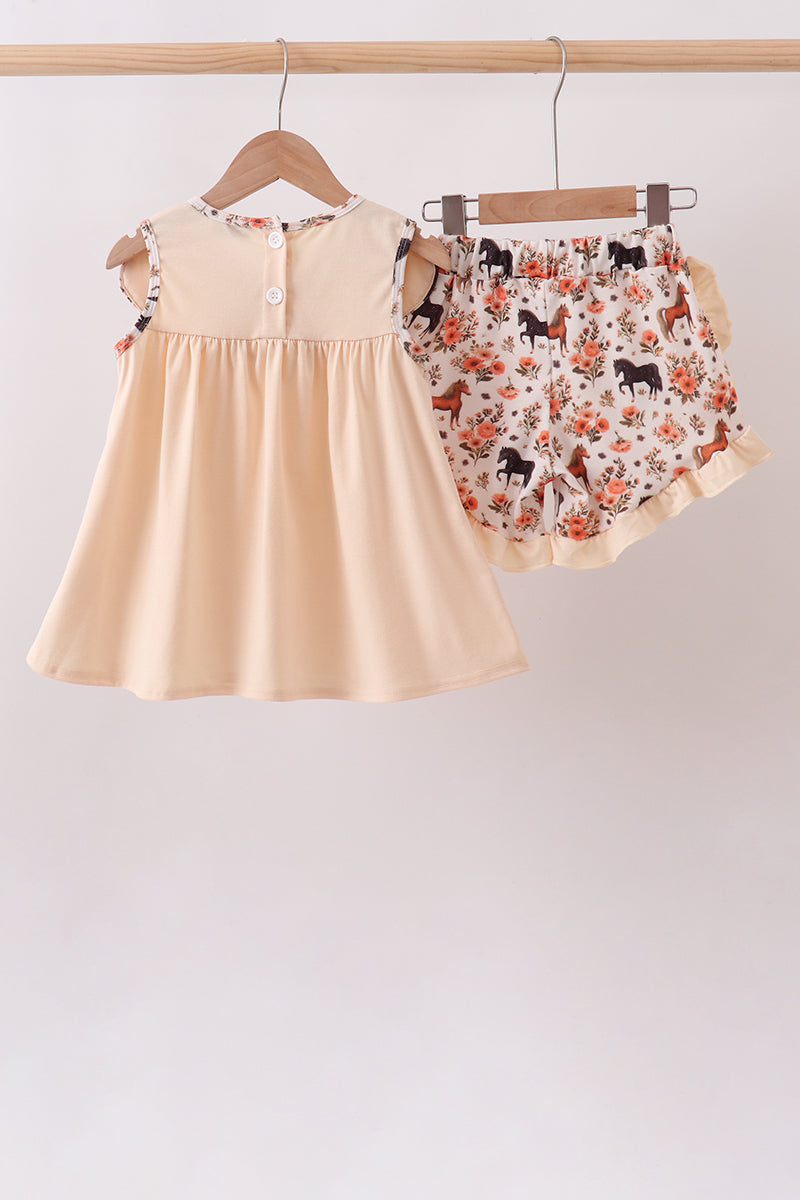 Khaki horse embroidery ruffle shorts set