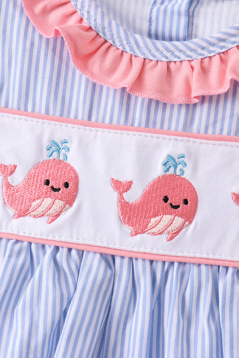 Blue Whale Embroidered Seersucker Bloomer Set