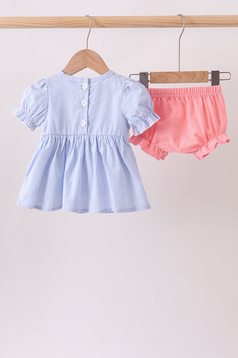Blue Whale Embroidered Seersucker Bloomer Set