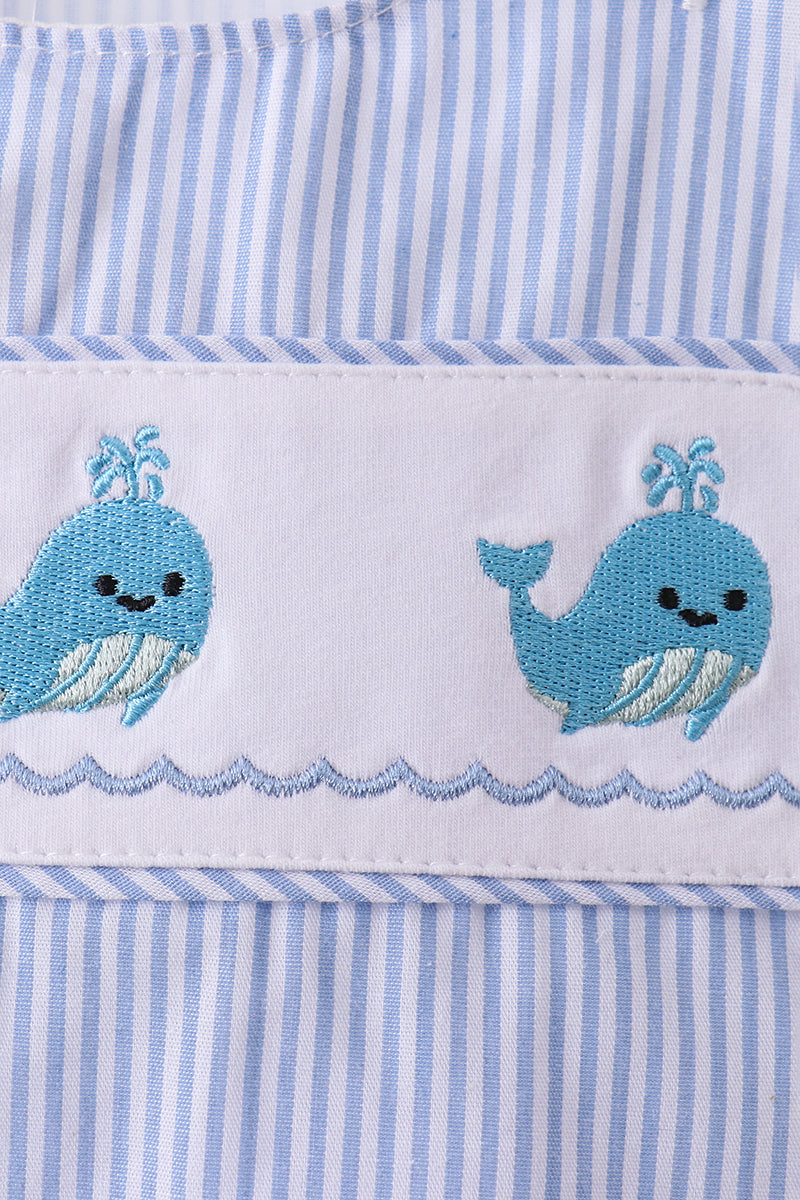 Blue Whale Embroidered Seersucker Jon Jon