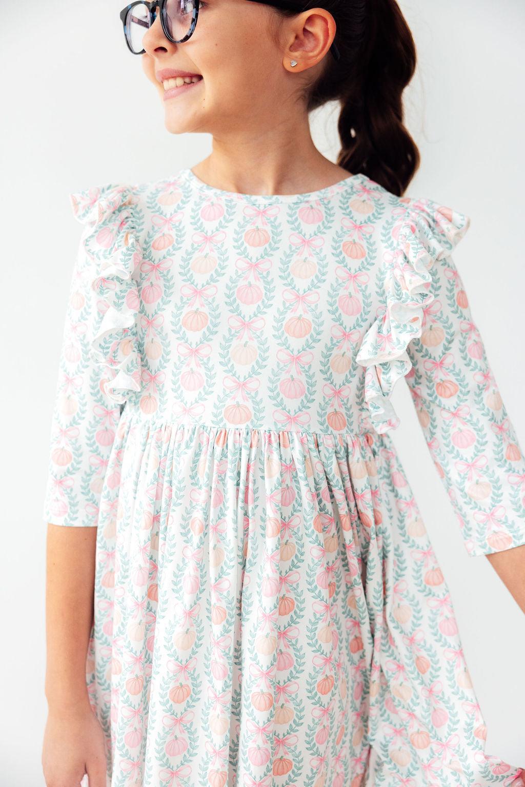 Pumpkin Kisses, Harvest Wishes 3/4 Sleeve Ruffle Twirl Dress