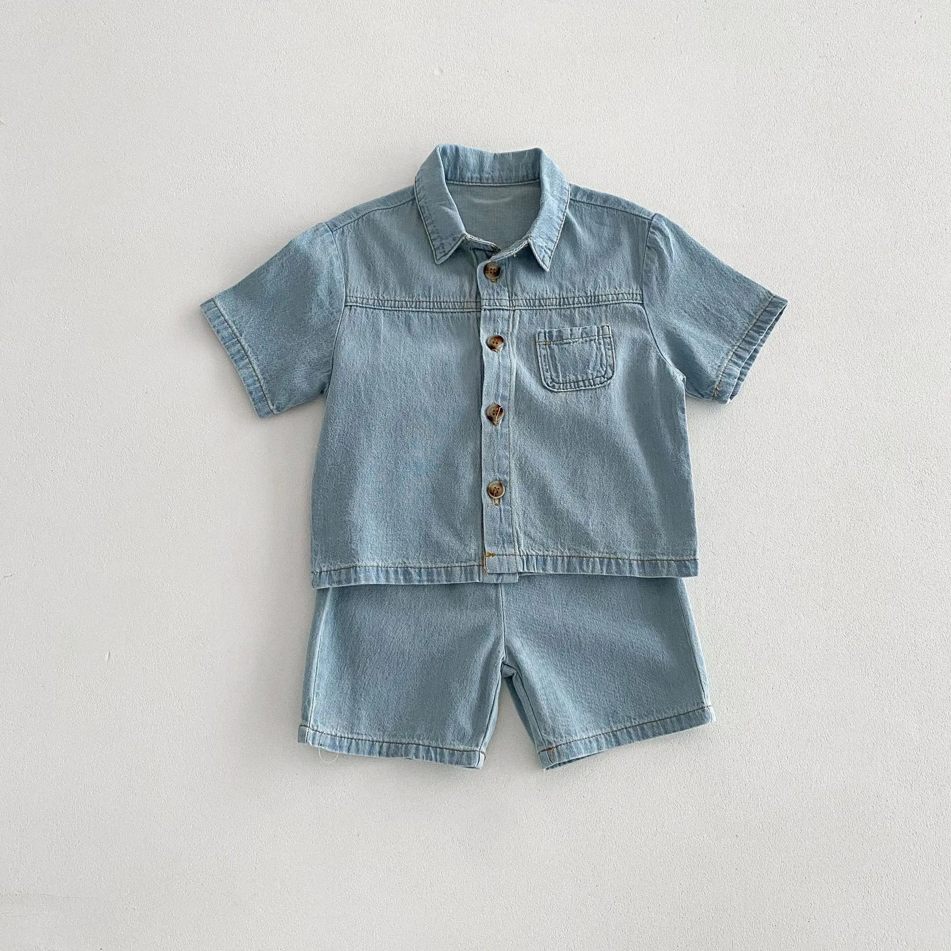 Solid Button Up Denim Shorts Set