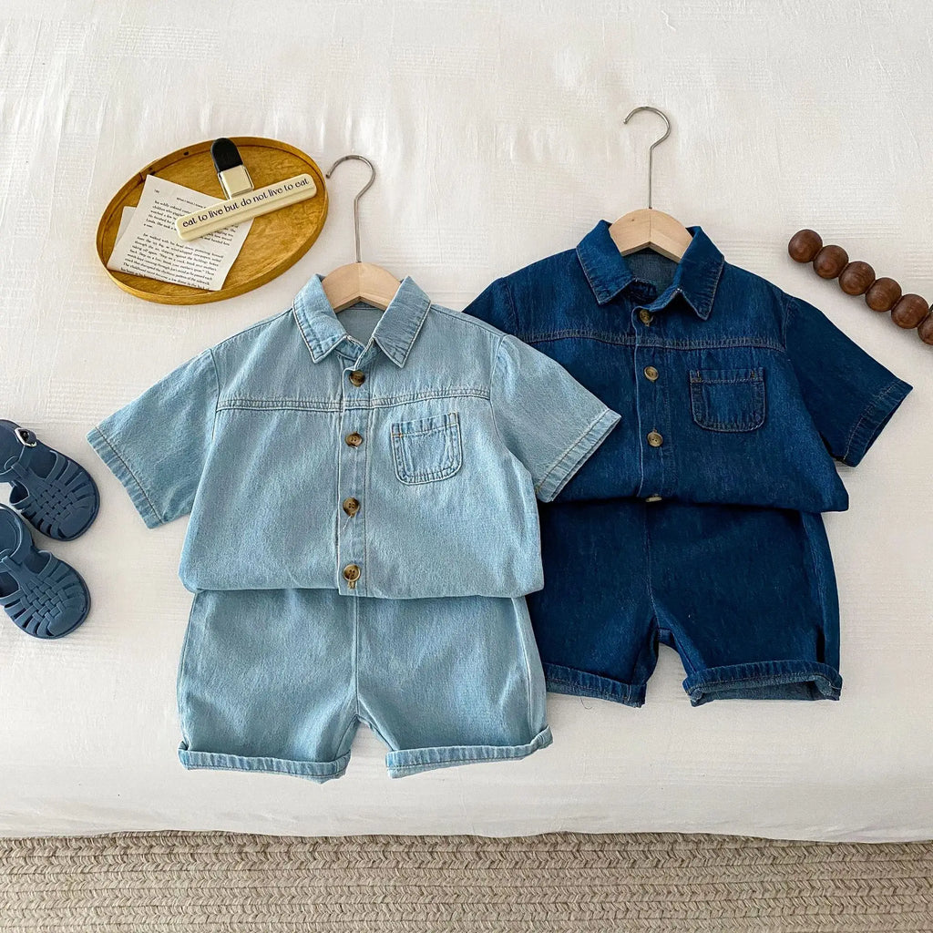 Solid Button Up Denim Shorts Set