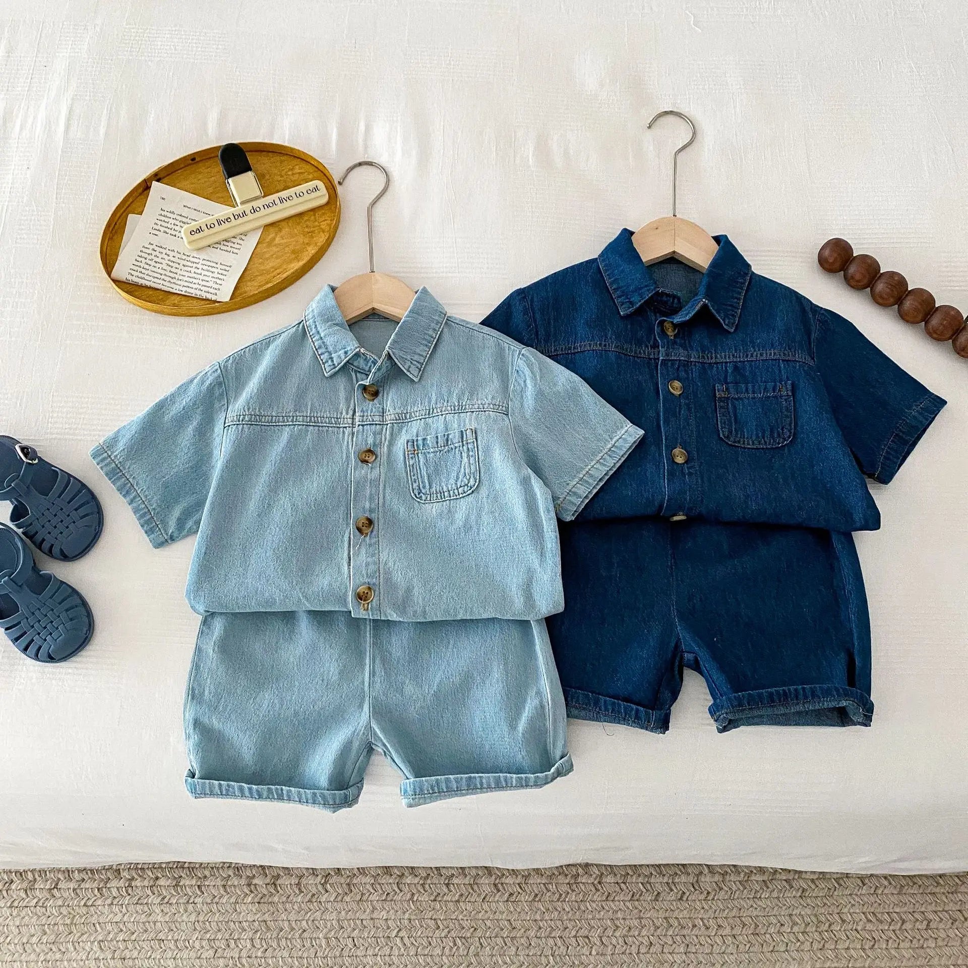Solid Button Up Denim Shorts Set