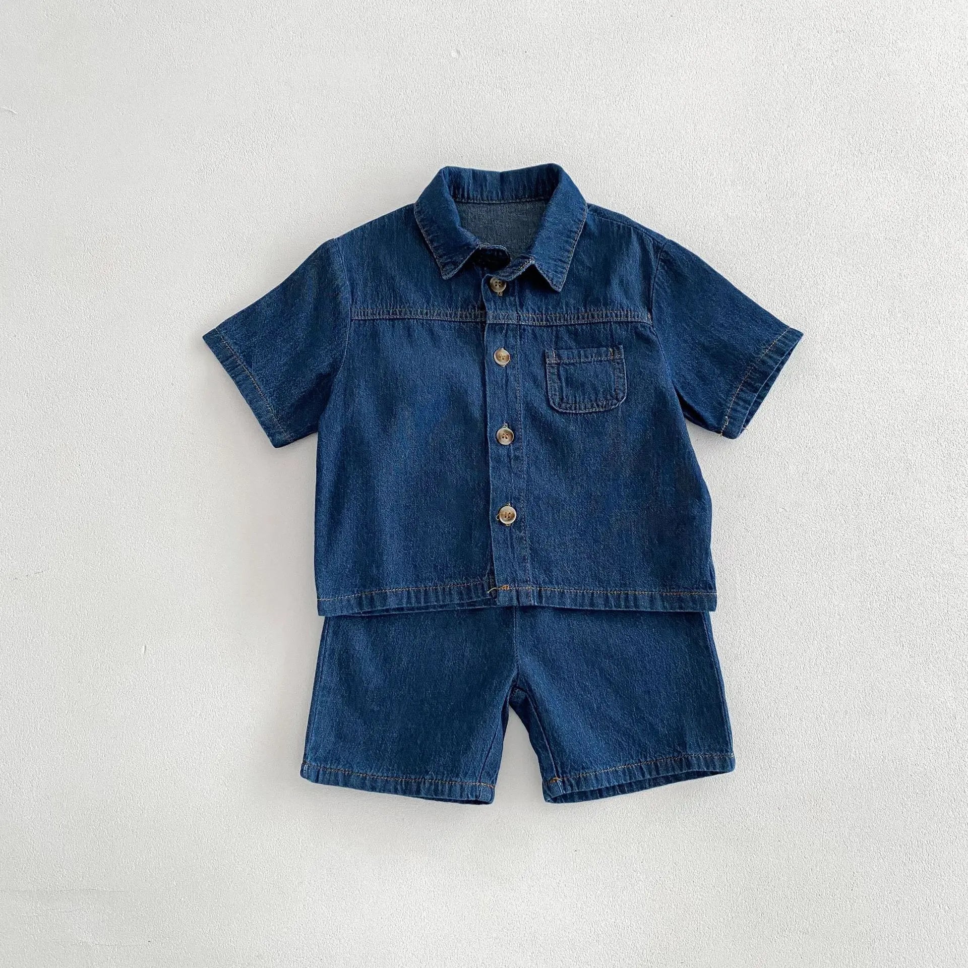 Solid Button Up Denim Shorts Set