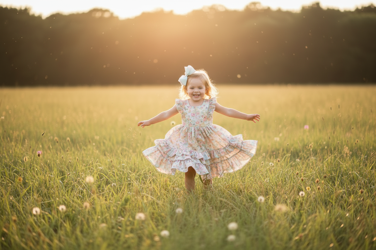 Child in cuter dress running through field