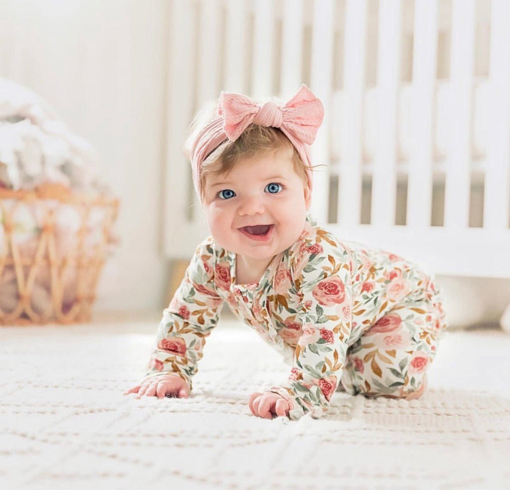 Dusty Pink Floral Baby Pajamas | Ruffle Zipper Romper