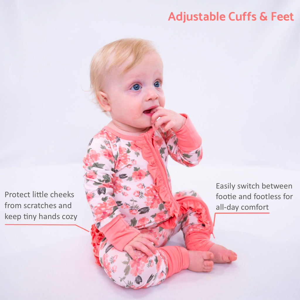 Bamboo Baby Convertible Ruffle Zipper Pajama Peony Floral: 0-3 Months