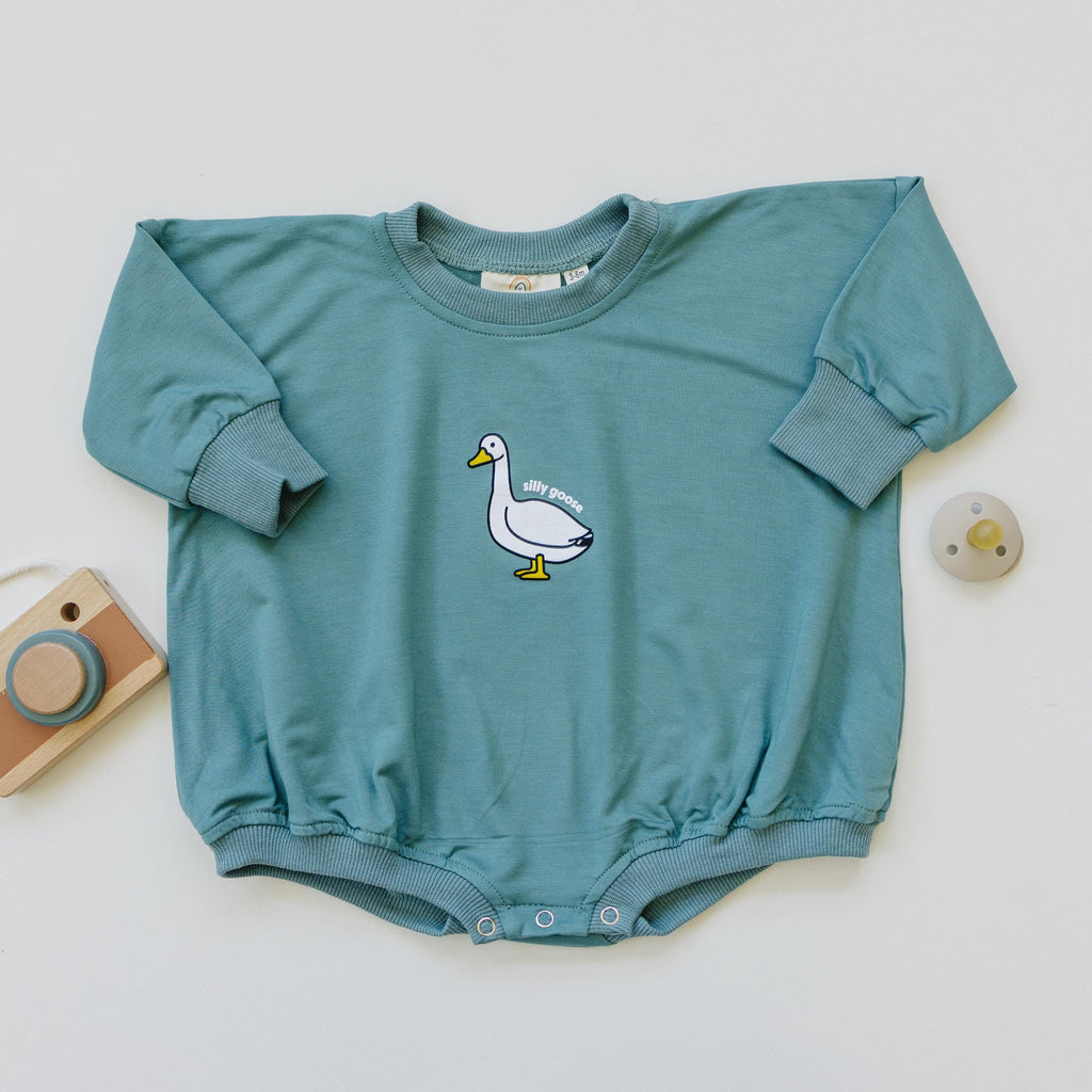 Silly Goose Bamboo Baby Romper - Teal or Blue - Infant Baby Toddler