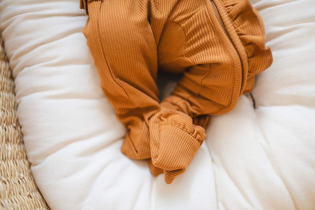 Caramel Ribbed Baby Pajamas | Ruffle Zipper Romper
