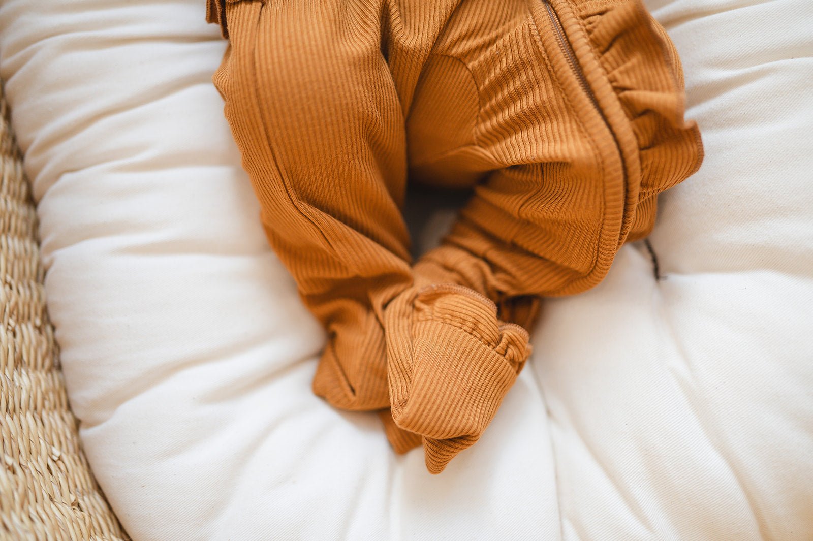 Caramel Ribbed Baby Pajamas | Ruffle Zipper Romper